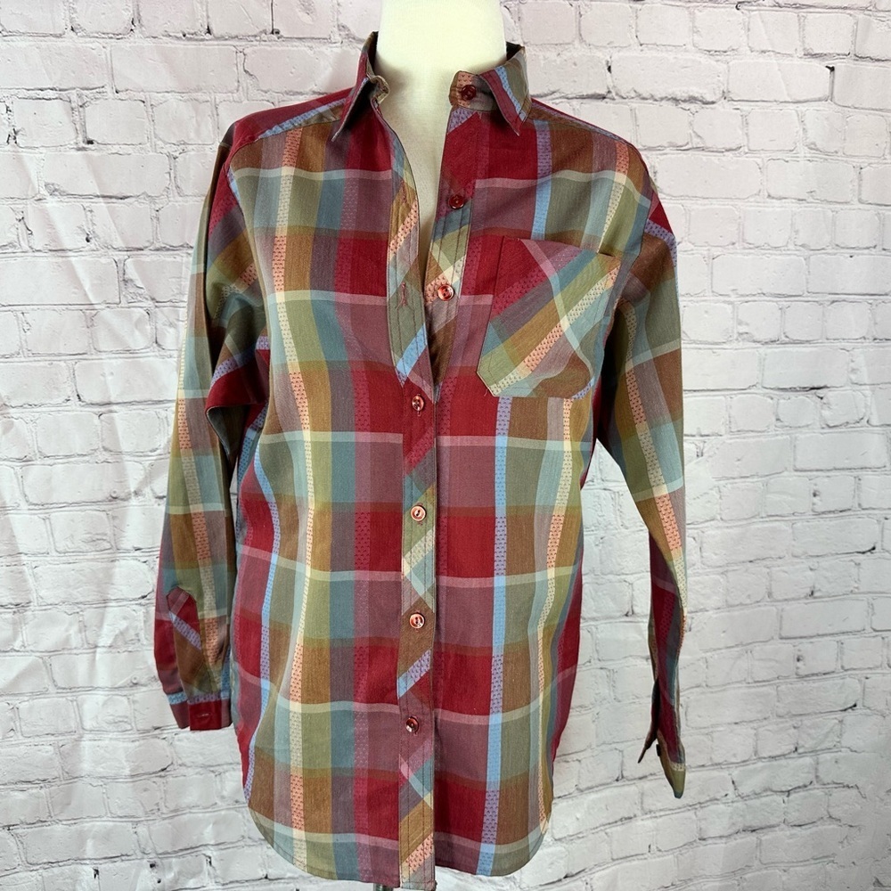 vtg sunny south fashion Multicolor Plaid Shirt womens S collared button down